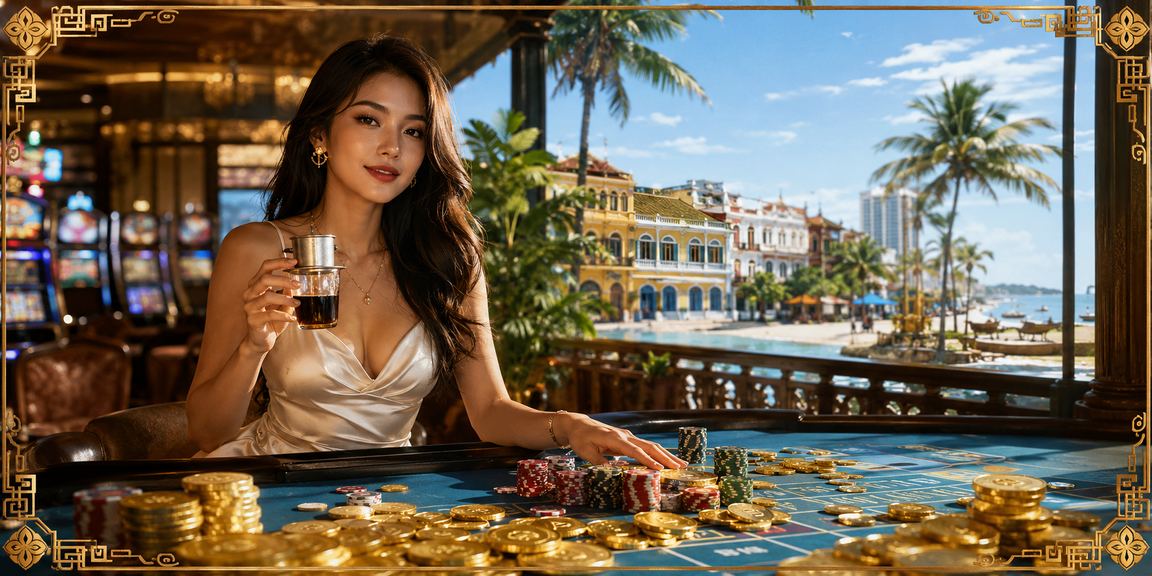 Người dùng TP. Hồ Chí Minh chơi slot game trên điện thoại bên ly cà phê