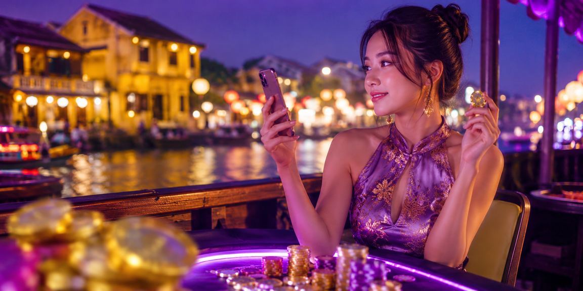 Không gian chơi bài và game neon lung linh tại Hội An về đêm