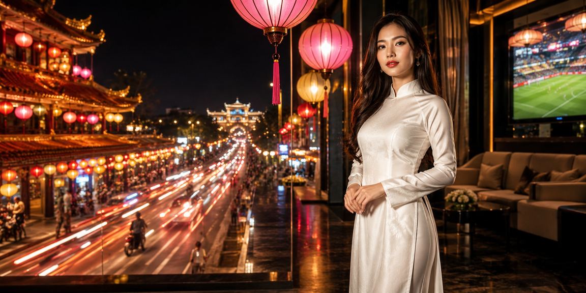 Người phụ nữ mặc áo dài truyền thống Huế thư giãn bên ngoài không gian casino